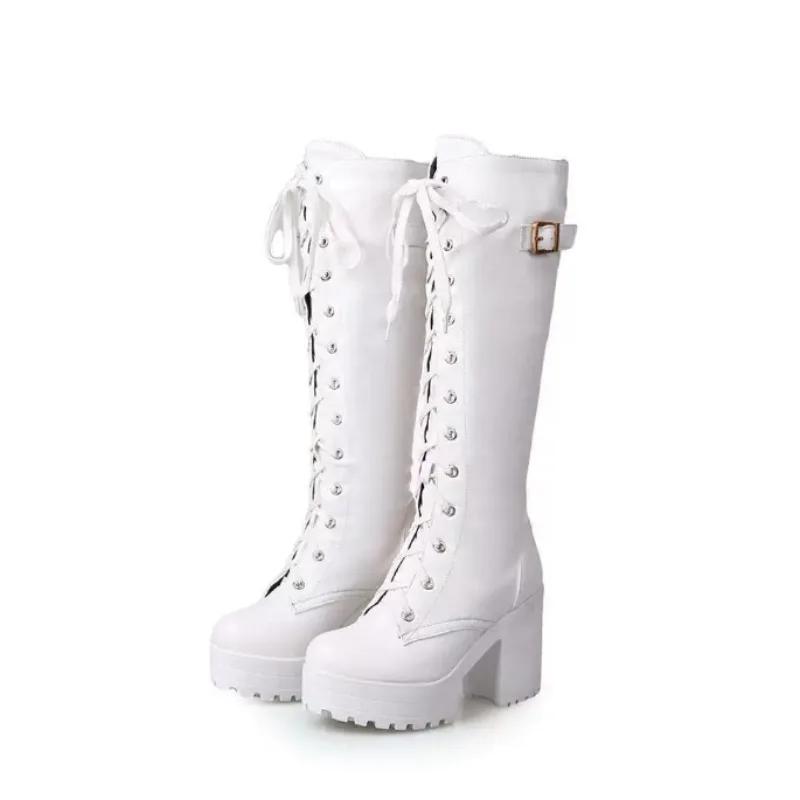 New Style Hot Sale Spring Autumn Lacing Knee High Boots Women Fashion White Square Heel Woman Leather Shoes Winter Large Size 43