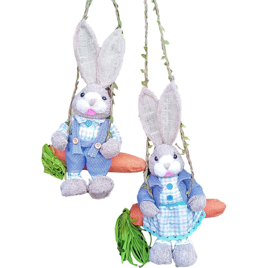 2pcs 35cm Swing Straw Bunnies Cute Exquisite Lifelike Straw Bunny Decorations for Home Garden Yard Blue Checkered Type