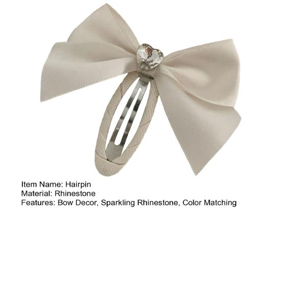 Women Hairpin Smooth Edges Smooth Satin Ribbon Bow Sparkling Rhinestone Rounded BB Clip Hair Accessory