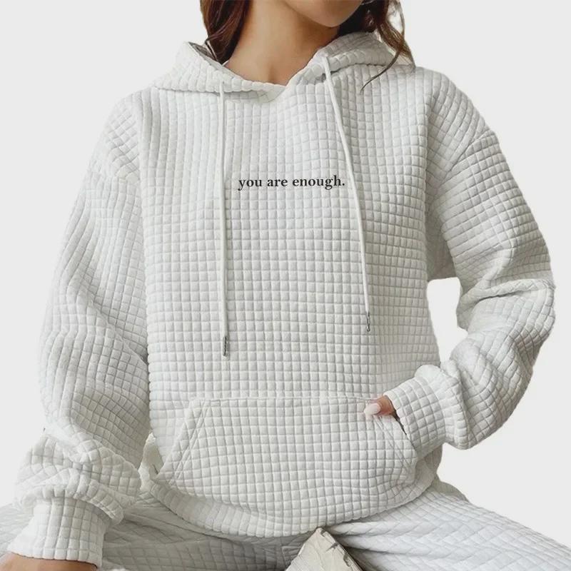 Women's Waffle Knit Hooded Sweatshirt with Letter Print - Loose Fit, Long Sleeves, Autumn/Winter Style  