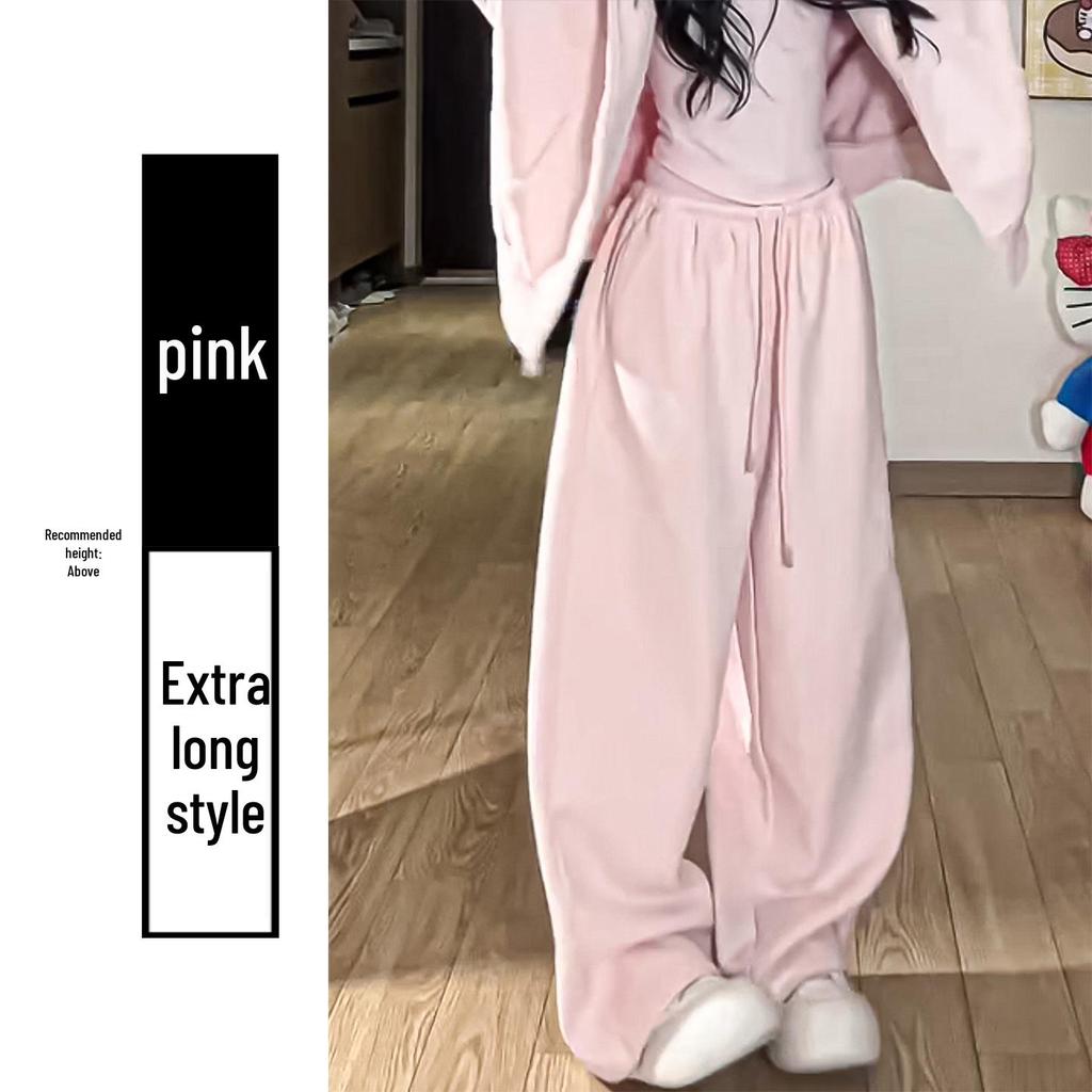 Women's Pink Wide-Leg Knife Pleat Sweatpants - Spring 2026 Korean Style, High Waist, Slimming Petite Fit