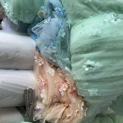 1 Yards 3D Floral Embroidery Soft Mesh Pearl Flower Lace Dress Beaded Tulle Lace Nigerian Fabric Costume Diy Sewing Crafts