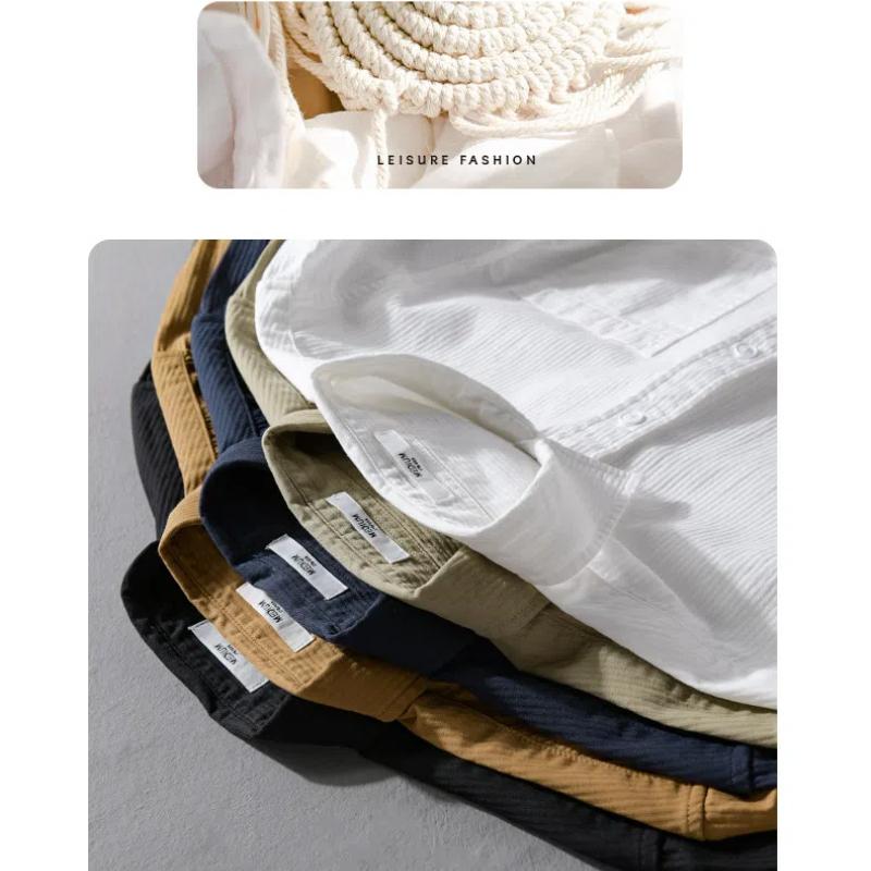 Spring and Autumn Casual Shirts for Man Retro Style Long Sleeve Top Daily Pure Cotton Turn Down Collar Solid Color Shirt with Pocket