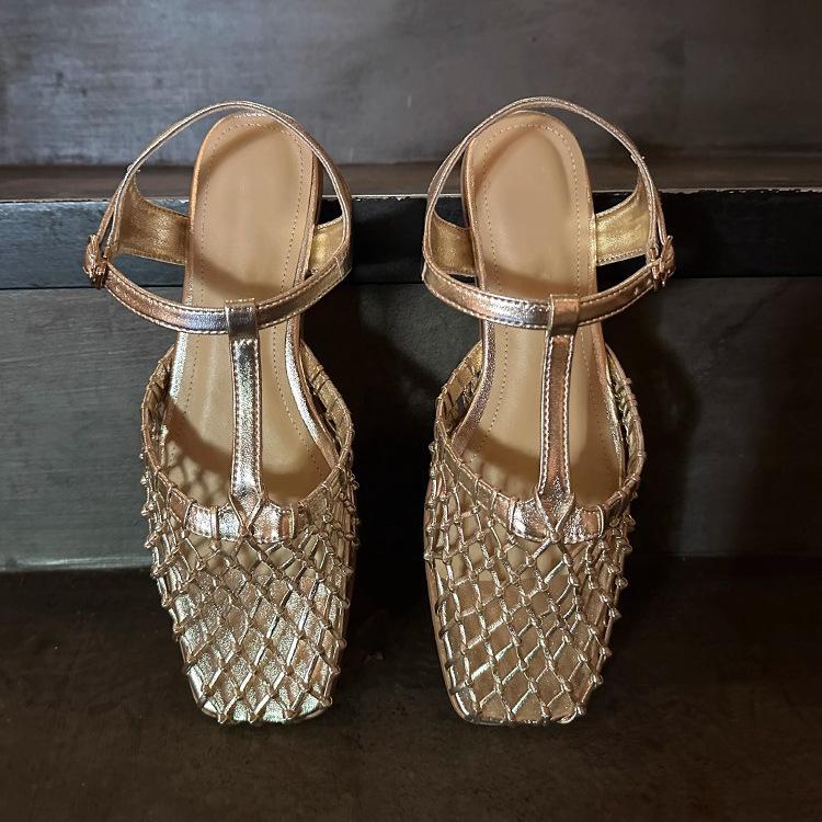 Fashion Silver Hollow Mesh Ankle Buckle Sandals - Stylish Low-Heel T-Strap Summer Footwear for Casual/Street Wear