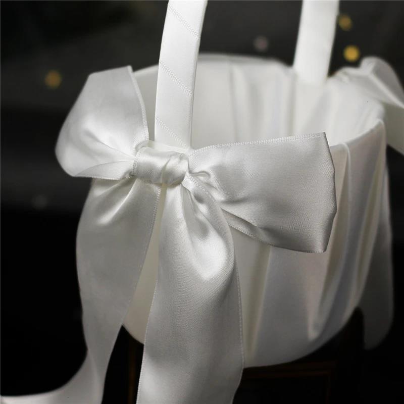 Silk White Flower Basket Handheld for Brides Girls Kids Wedding Ceremony Party Decorations Handheld Floral Basket