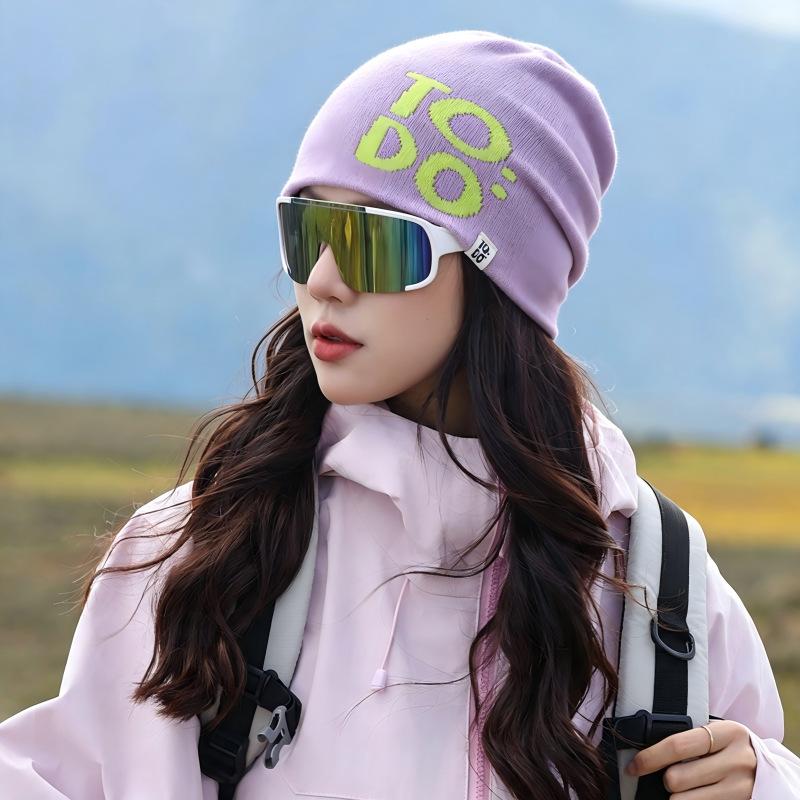 Fashion knitted hats men's and women's autumn and winter warm ear protection letter cold hat outdoor versatile big head circumference wool hat