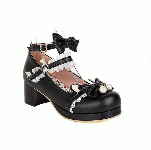 Süße Perle Schleife Mädchenschuhe 2025 Damen Absätze Plateau Spitze Prinzessin Mary Jane Lolita Schuhe Party High Heels Damen Pumps30-43
