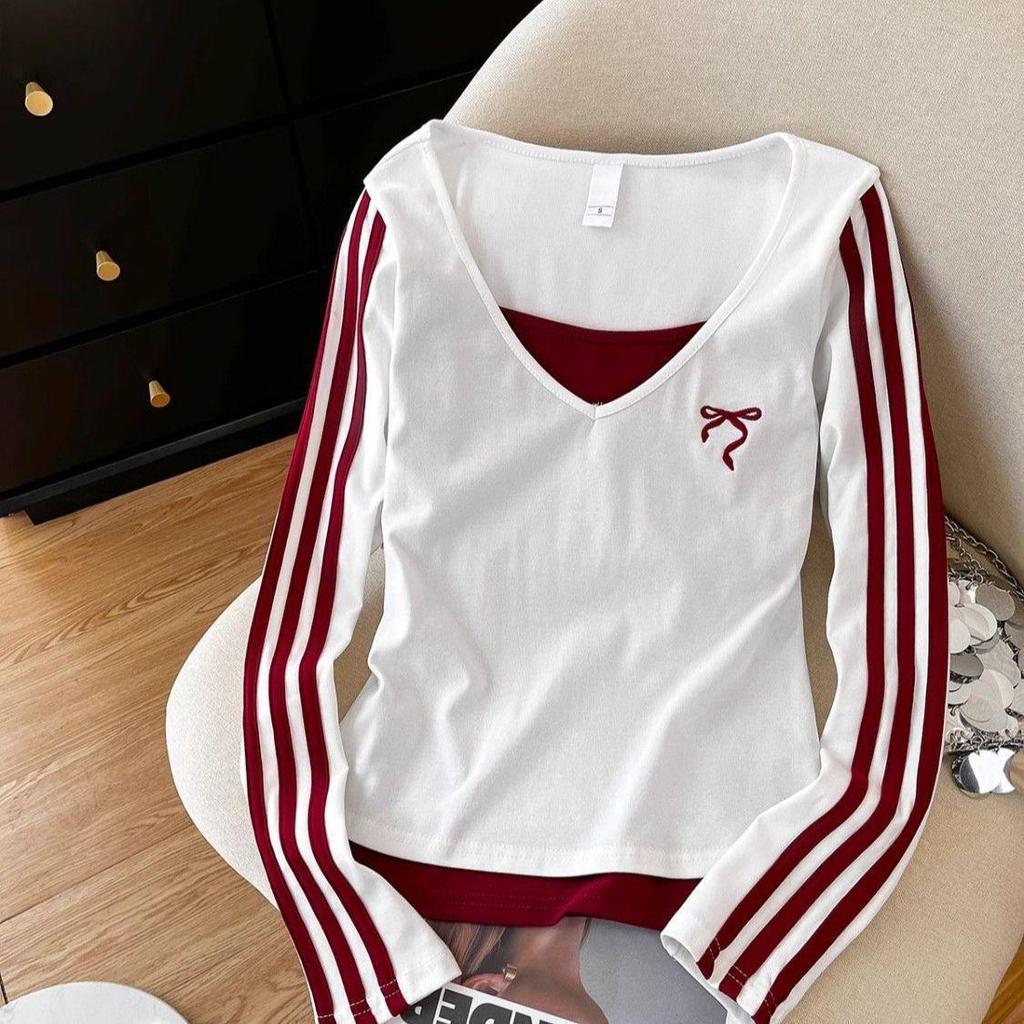 Women's Slim Fit Cropped Two-Piece Look T-Shirt: White Bow Embroidered Long-Sleeve for Spring/Autumn 2025