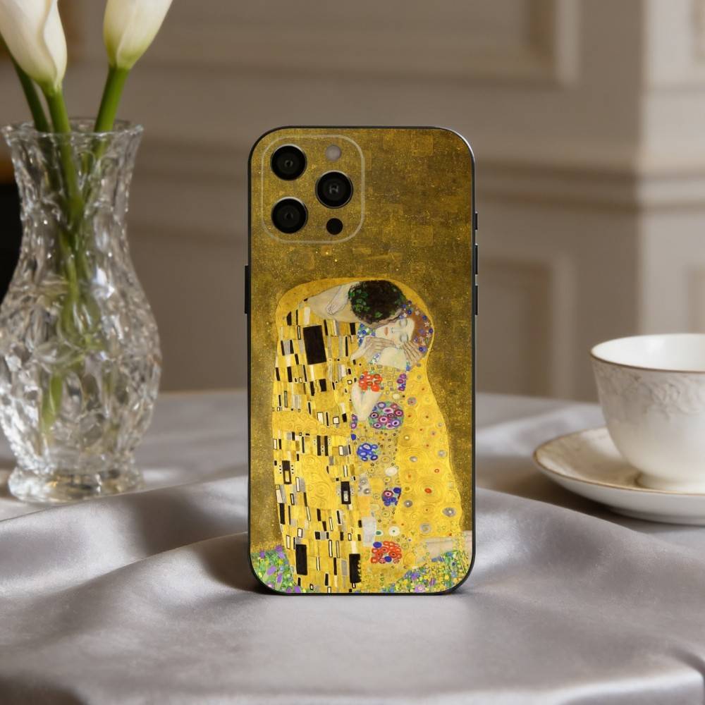 Custodia per Telefono Pittura "Il Bacio" di Gustav Klimt per iPhone 17pro,16,15,14,13,12,11 Plus,Pro Max,XS,Copertura Nera in Silicone Morbido