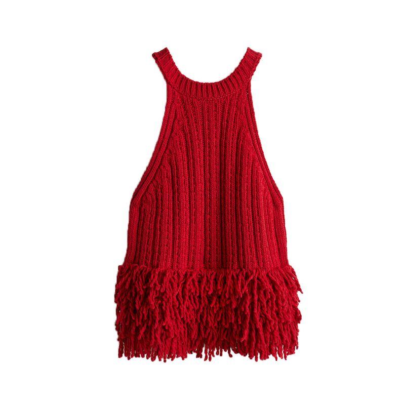 New Fall Women's Clothing French Minimalist Rib Neckline Sleeveless Fringe Knitting Tops 1307169