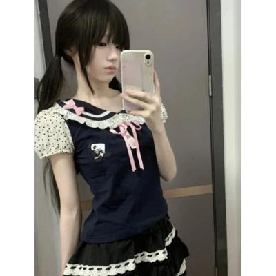 Japanisches Y2k Spitzen-T-Shirt Damen Kawaii Cartoon Stickerei Grafik T-Shirts Harajuku Mode Lässig Schleife Tops Süße T-Shirts Camisetas