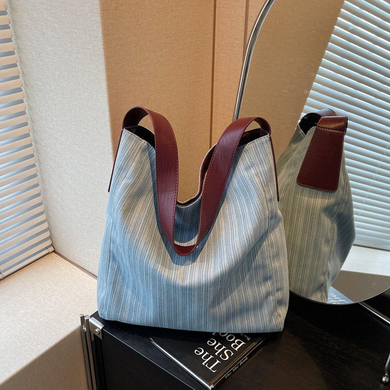 New Trendy Denim Striped Shoulder Armpit Bag Large Capacity Fashion Literary Lazy Style Tote Women's Bag