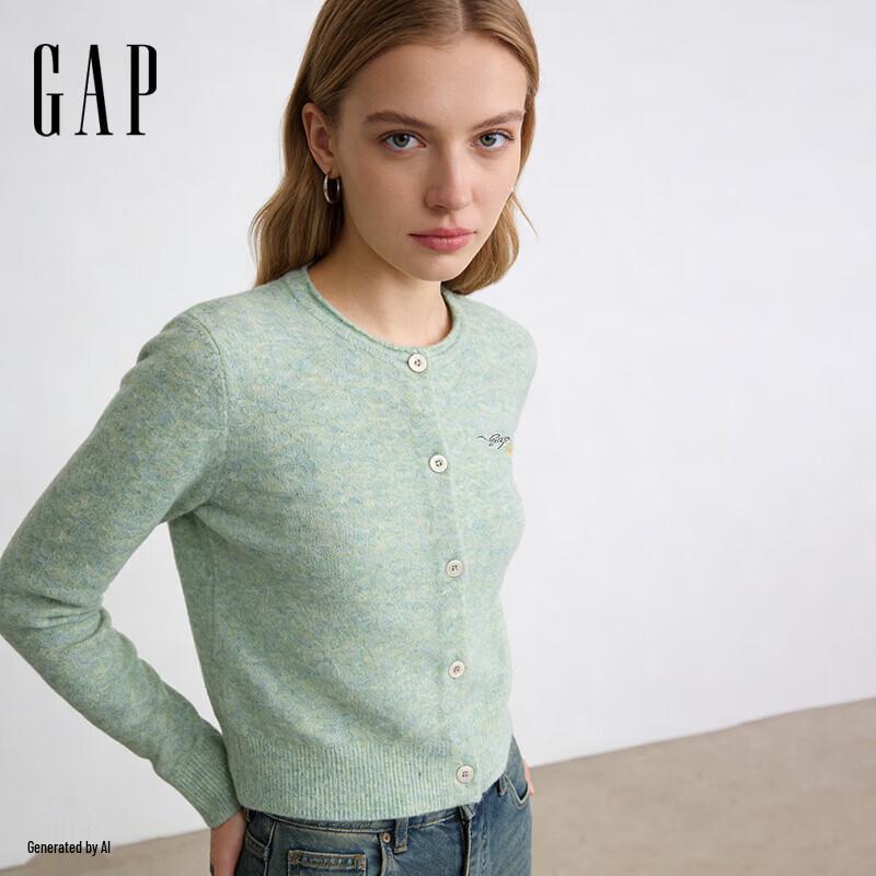Женский кардиган GAP из смесовой пряжи с вышитым логотипом M зелёный