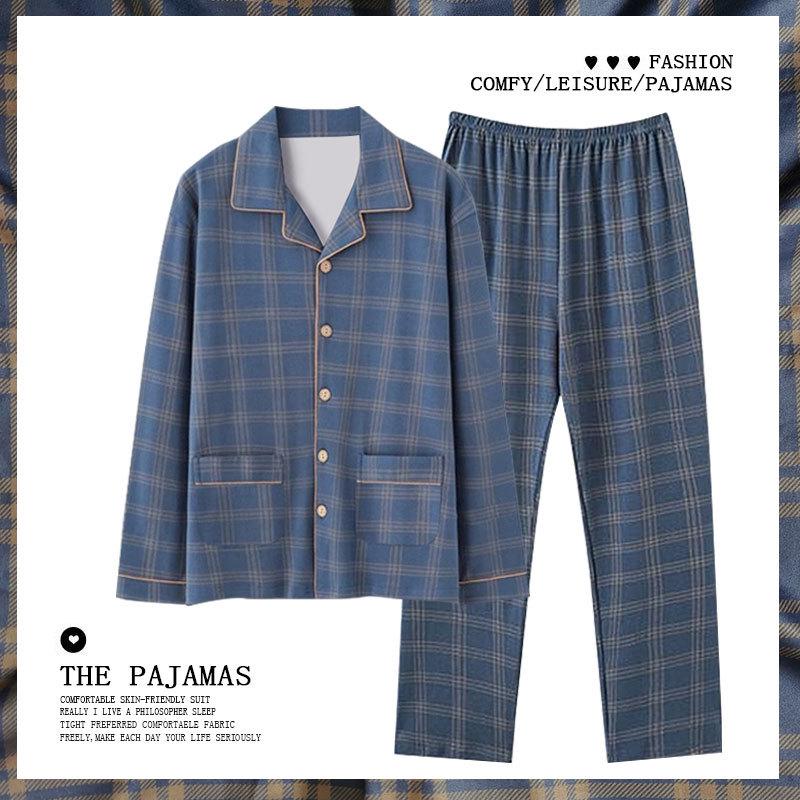 Men's Plus Size Long-Sleeve Plaid Cotton Pajamas for Spring & Autumn, Suitable for Outdoor Wear.