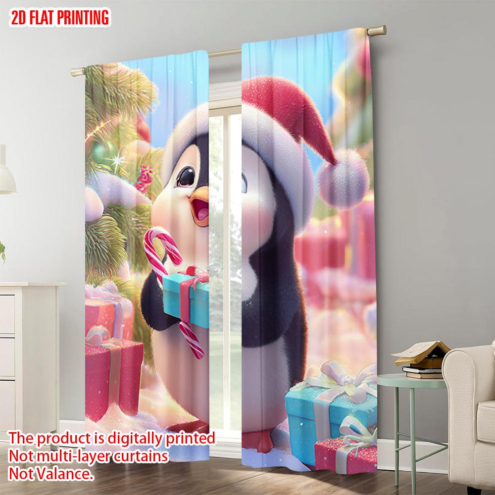2pcs,2D plane printing Curtains Penguin with Santa Hat & Candy Canes Polyester Woven (without rod) Gifts Perfect for Living Room