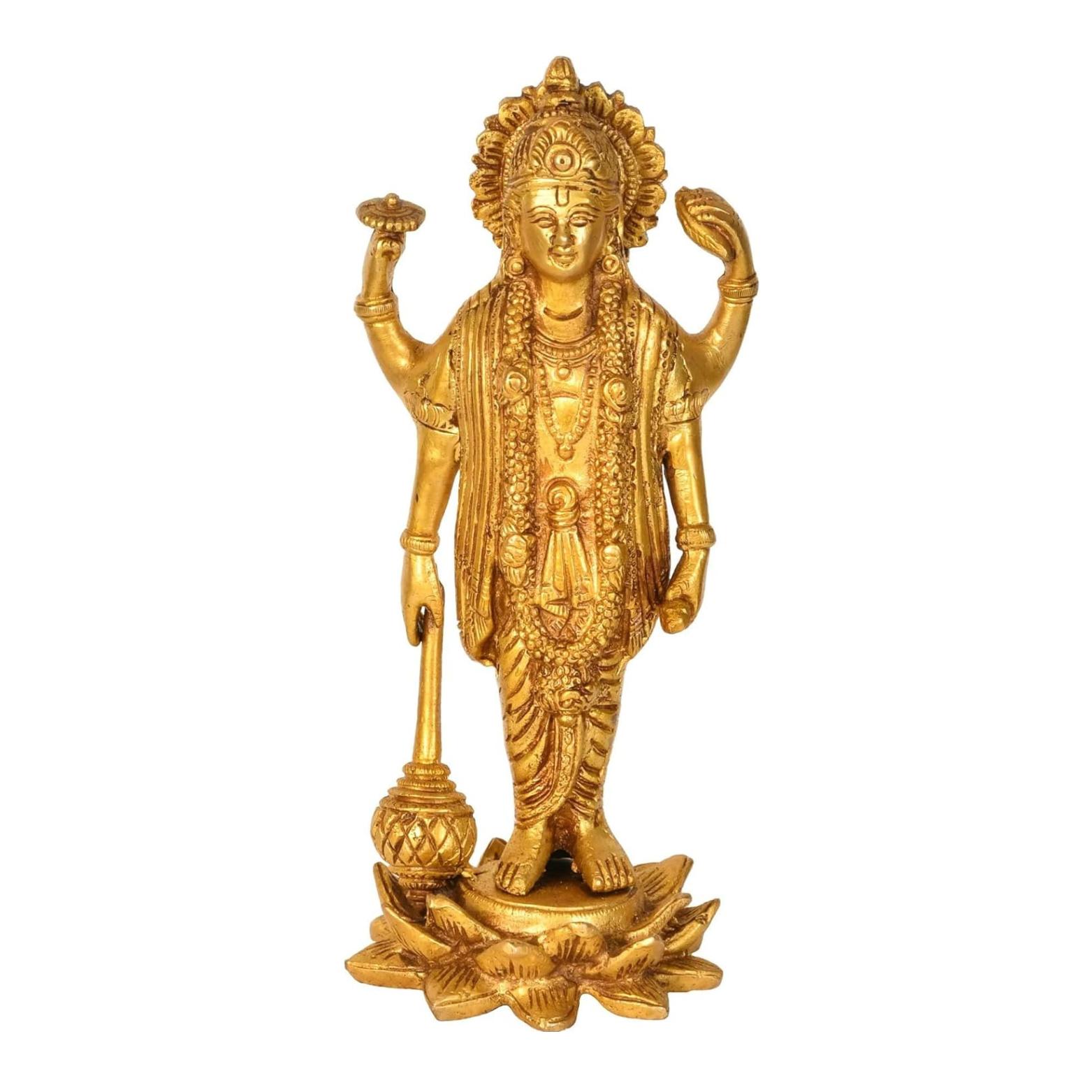Pure Brass Standing Four Armed Vishnu Statue, Home Decor, Religious - 12.5 Inch