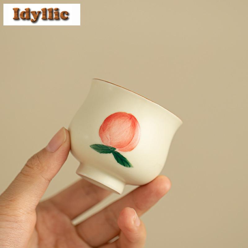 2pc/lot Hand-painted Longevity Peach Teacup Elegant Tea Bowl Tea Cup Set Tea-tasting Smelling Cup Jianzhan Master Cups Gift 65ml