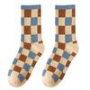 Trendy Coffee Blue Plaid Cotton Mid-Calf Socks, Versatile for Spring/Summer, Korean College Style, Breathable & Sweat-Wicking for Women.
