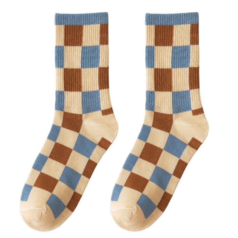 Trendy Coffee Blue Plaid Cotton Mid-Calf Socks, Versatile for Spring/Summer, Korean College Style, Breathable & Sweat-Wicking for Women.