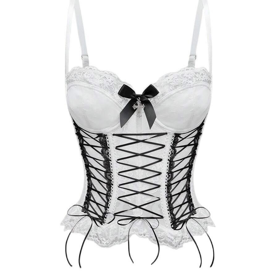 Lace Boned Corset Bustier Top - Cross Lace Up Camisole With Bow Accent For Women