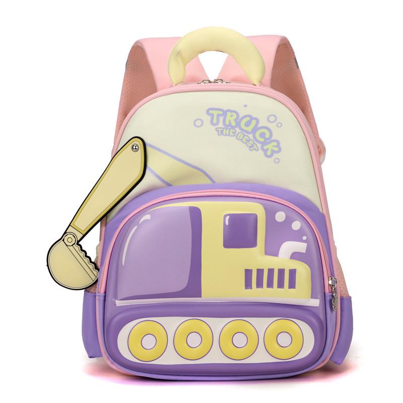 Backpack Cartoon Childrens With Excavator Design And Letter Print For Daily Use