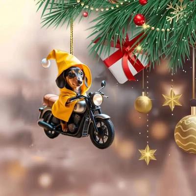 Motorbike Dog Acrylic Hanging Decoration Home Indoor Christmas Tree Car Rearview Mirror 2D Flat Yellow Hoodie Riding Puppy Hanging Ornament