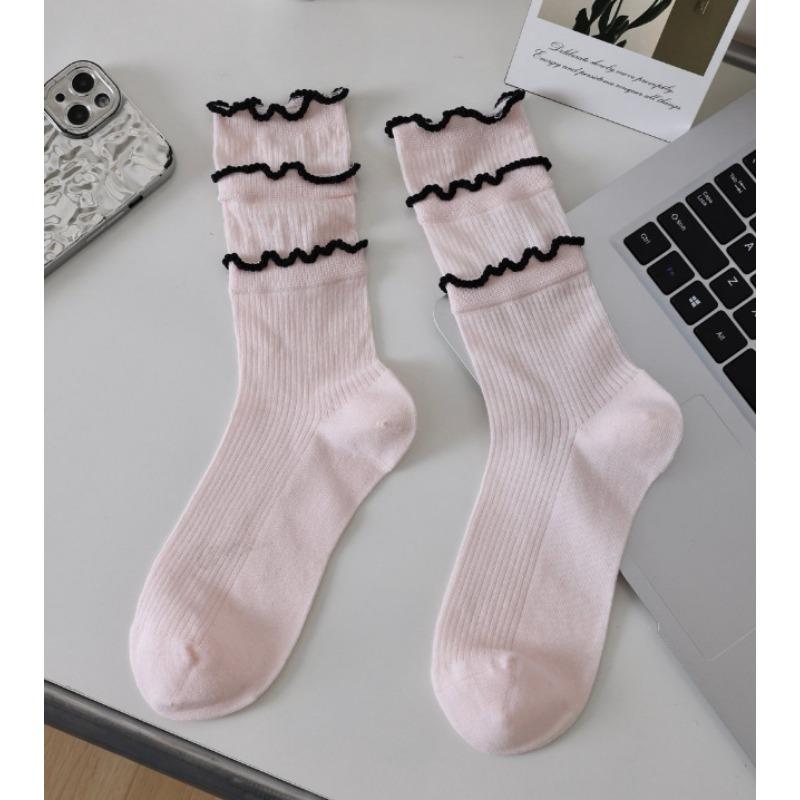 Ladies Thin Fashion Cake Lace Solid Color Stitching Vertical Bar Boneless Calf Pile Socks