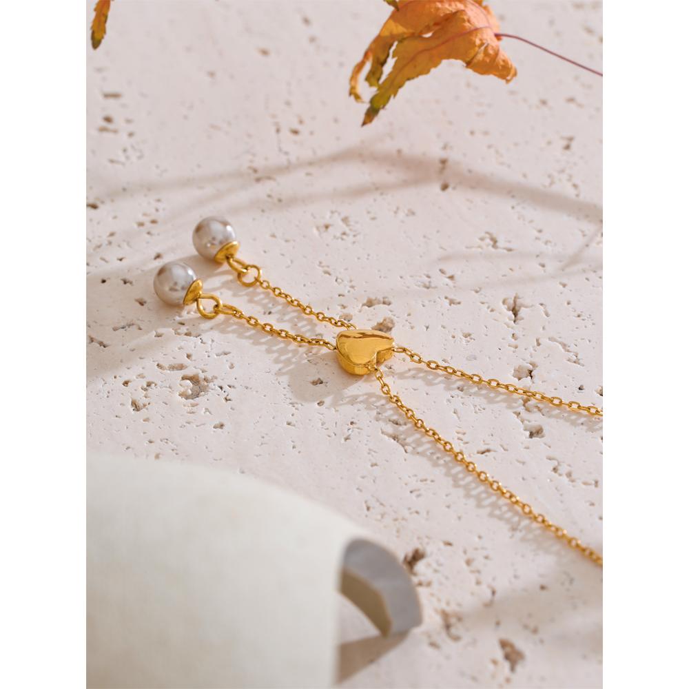 Yhpup Fashion Stainless Steel Chain Heart Imitation Pearls Drop Necklace Korean 18K Gold Color Plated Collar Jewelry for Women