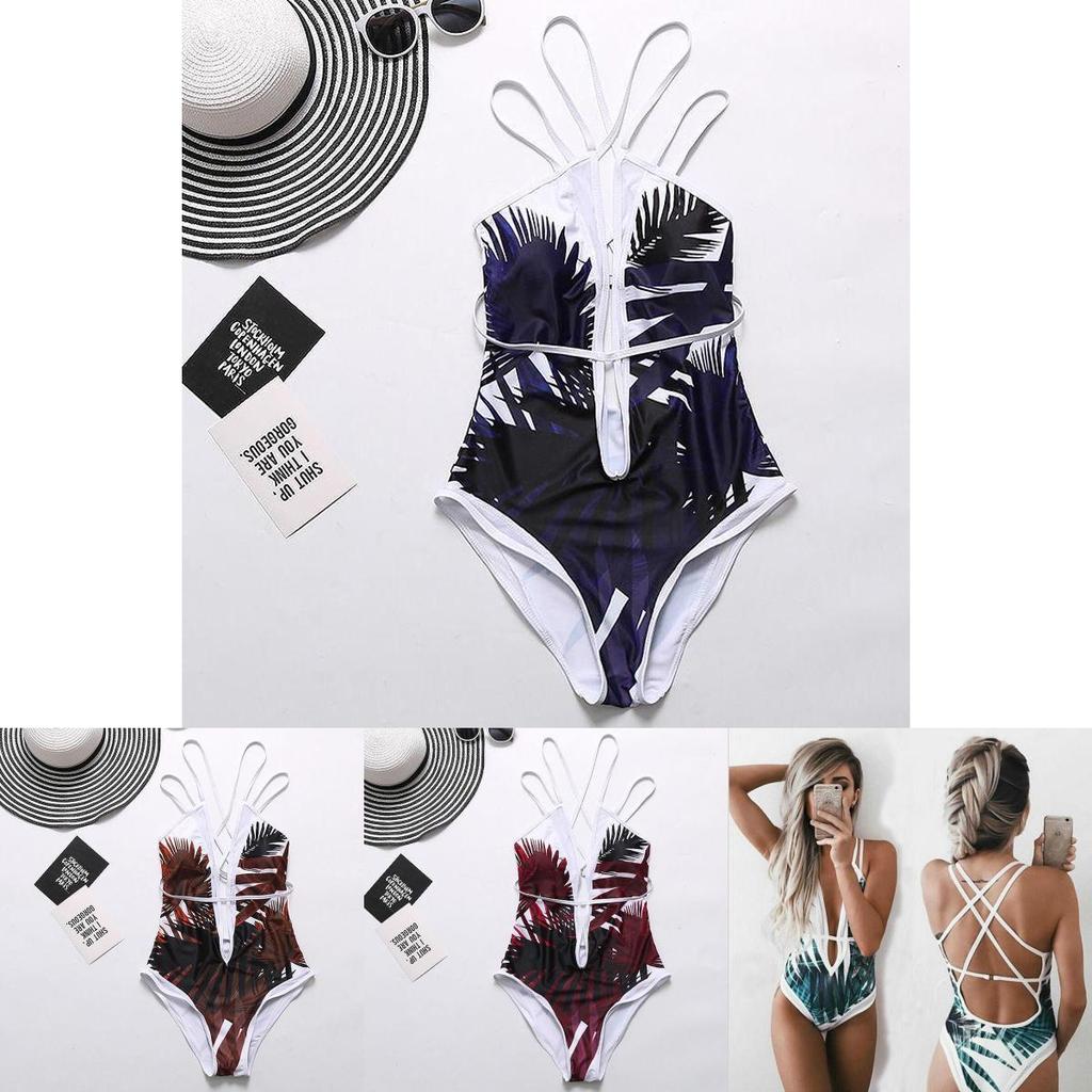 Damen Eleganter Floralprint Tiefes V-Ausschnitt Rückenfrei Bandage Badeanzug Einteiler