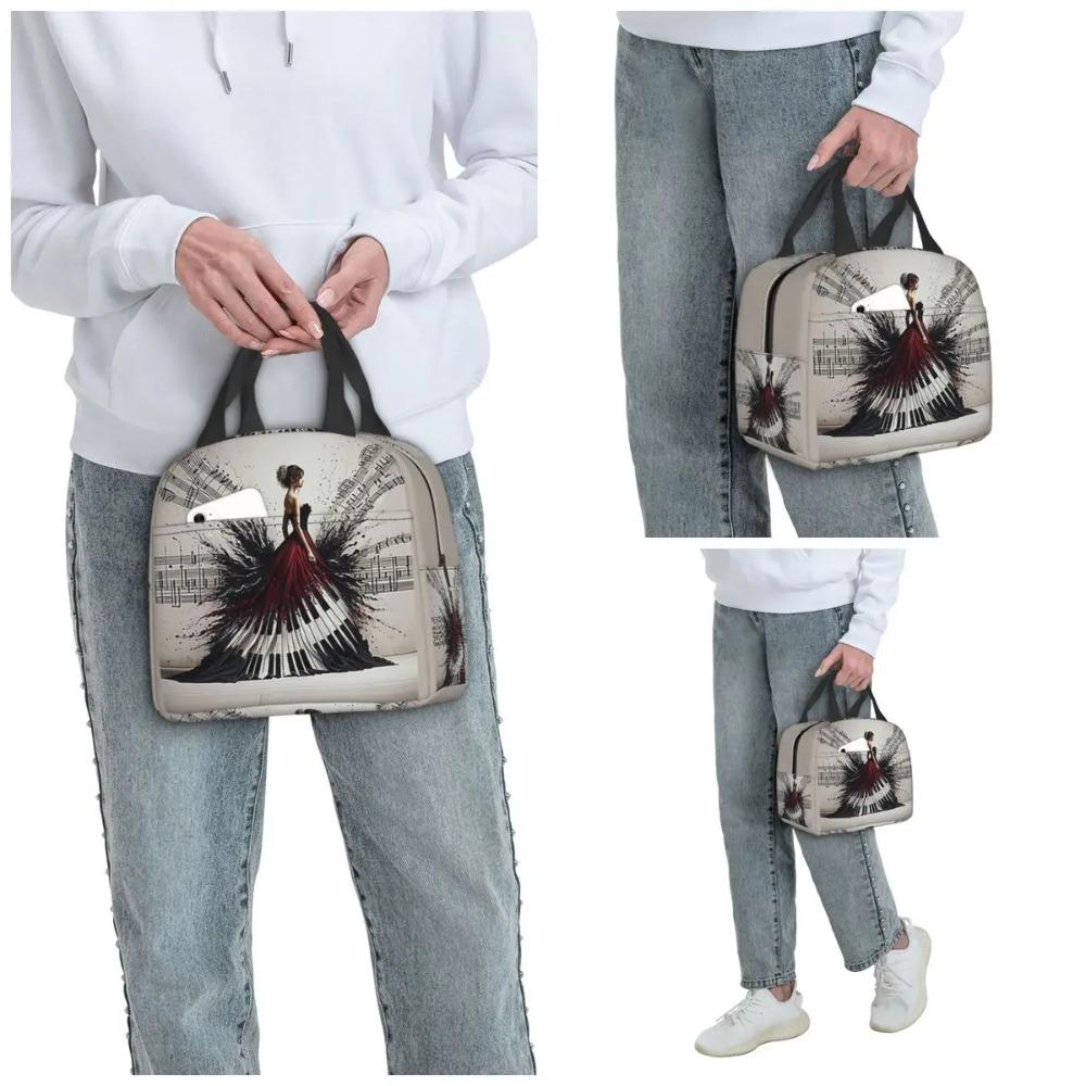 Beautiful Lady Piano Musical Notes, Wavy Dress Insulated Lunch Bag for Kids School Cooler Thermal Food Box Tote Portable