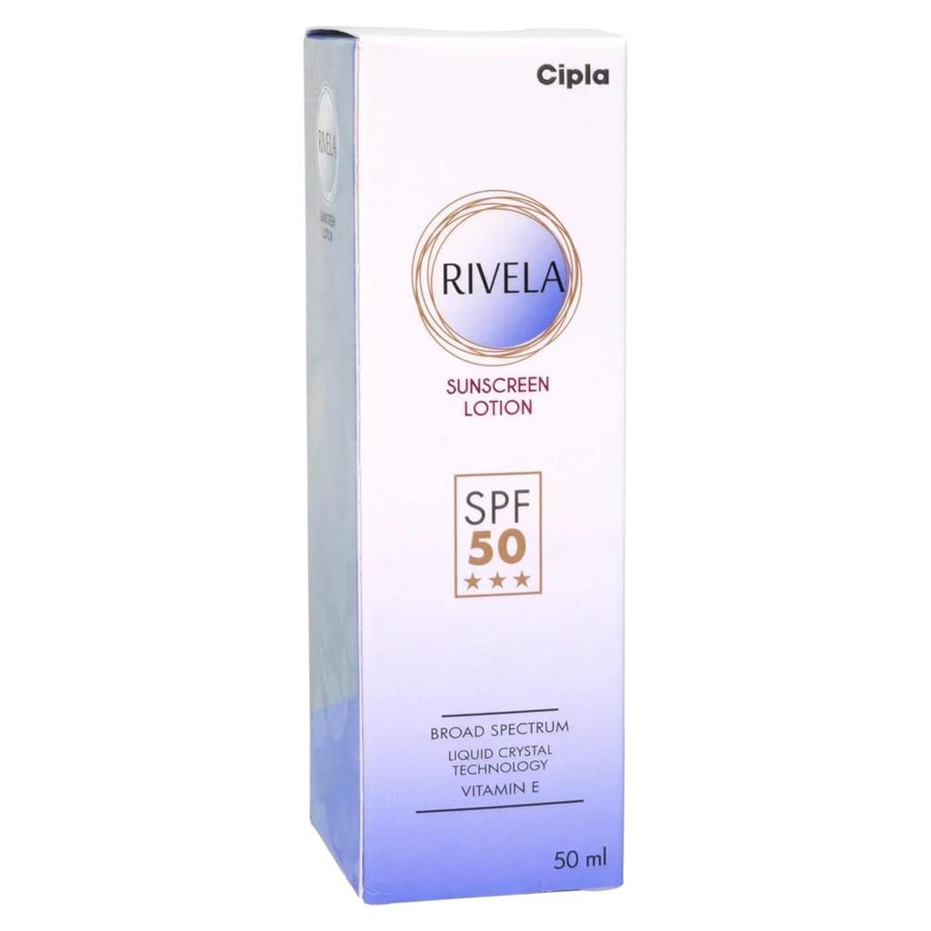 Cipla Rivela Sunscreen SPF 50 Lotion 50 Ml Broad-Spectrum UVA UVB Sun Protection Hydrating