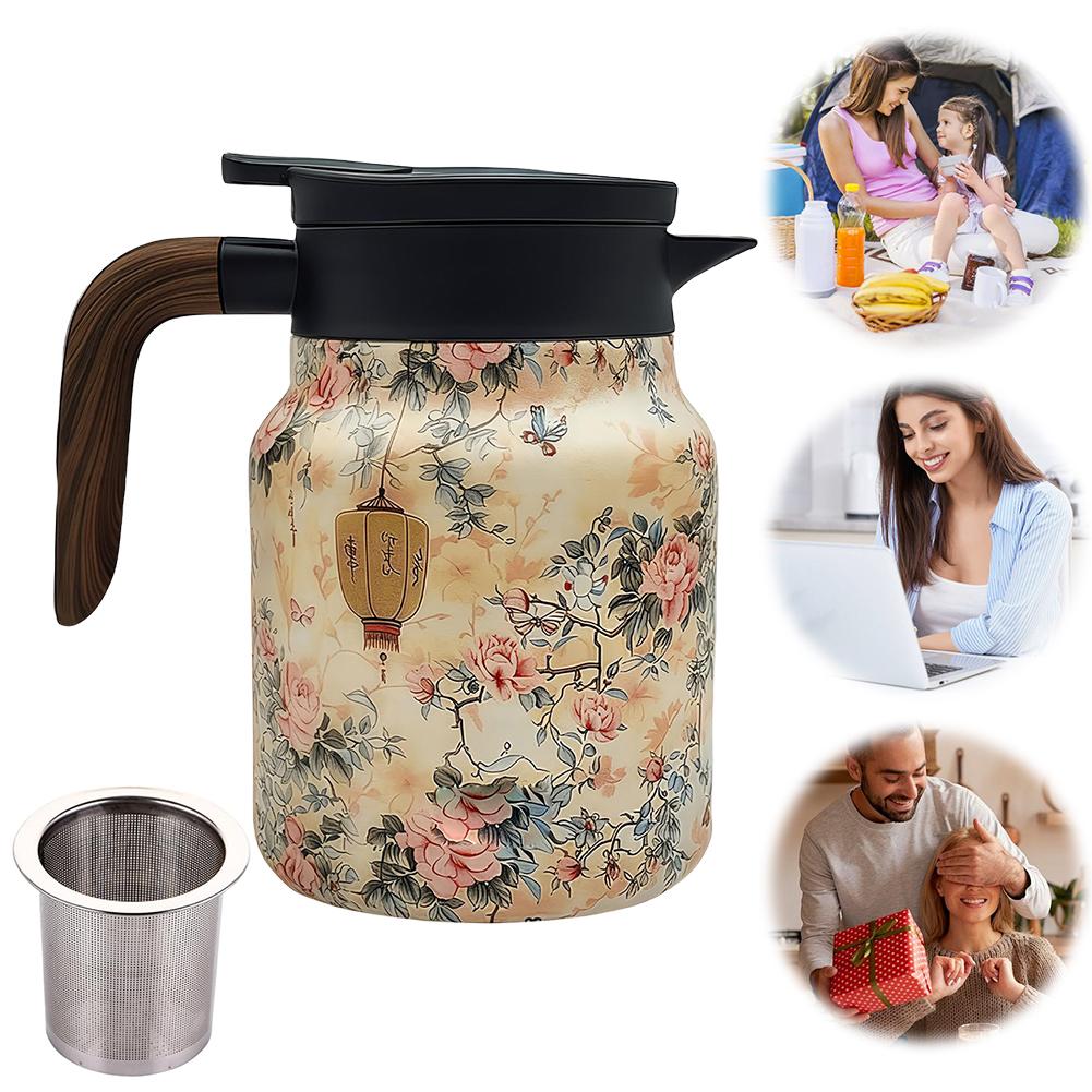 800ml Vintage Floral Pattern Kitchen Tea Kettle with Infuser Insulated Teapot Wood Handle Tea Separation Thermal Insulation Pot