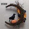Realistic Theme Party Props Halloween Door Sign, Artificial Floral Branch Crow Moon Wall Hanger with Fabric Hanging Decor Bird, Spooky Window Yard for