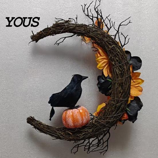 Realistic Theme Party Props Halloween Door Sign, Artificial Floral Branch Crow Moon Wall Hanger with Fabric Hanging Decor Bird, Spooky Window Yard for
