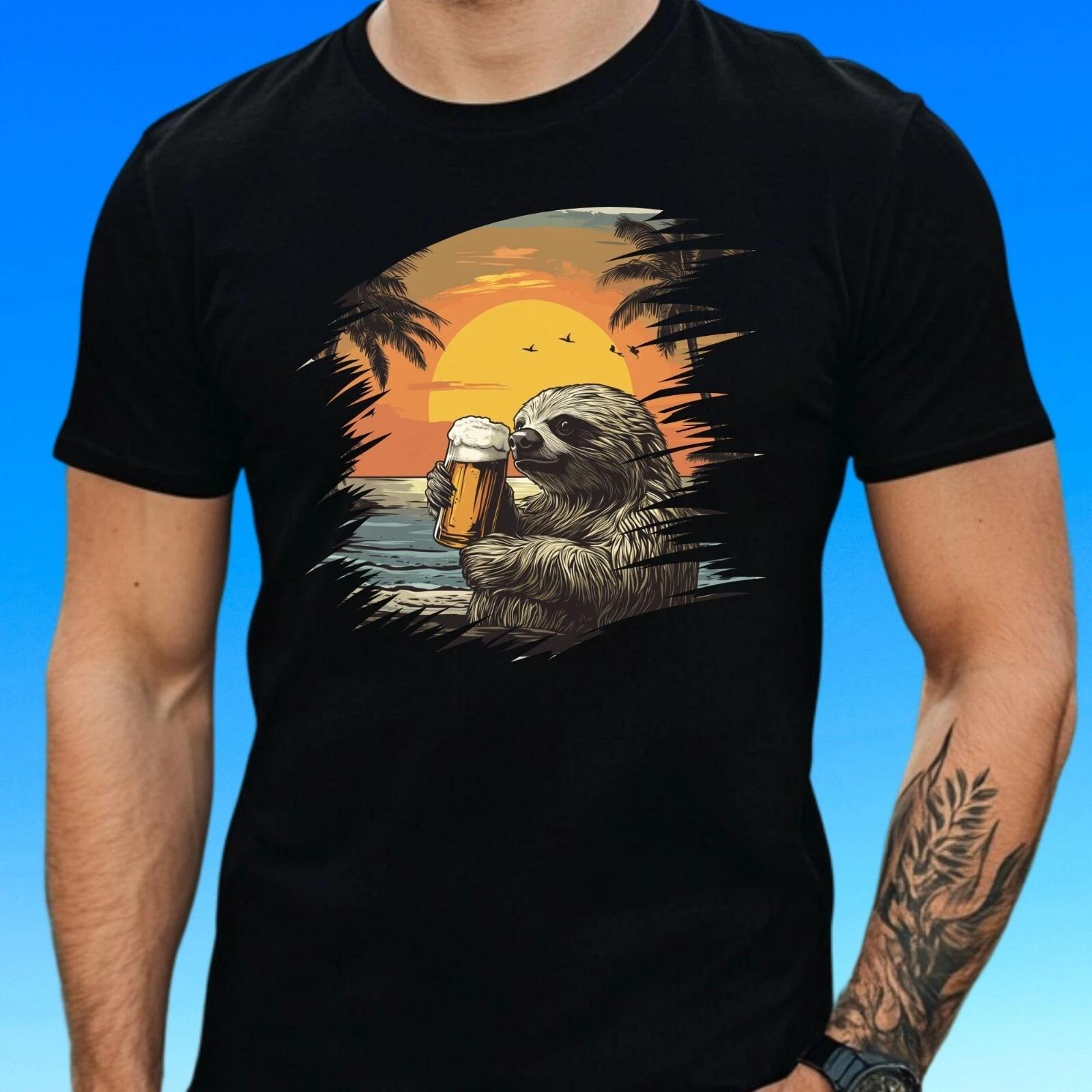 T-Shirt Herren Faultier trinkt Bier Motiv Baumwolle Größe S bis 5XL XXL