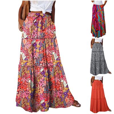 Women's Fashion Bohemian Print Elastic Waist Skirt Loose Casual High Waist Tie Long Skirt
