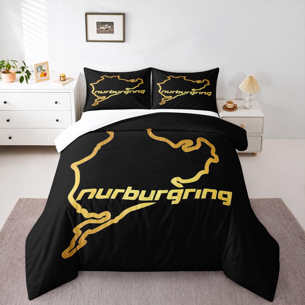 Gold Nurburgring Track Outline Bedding set (1 duvet cover, 2 pillowcases, duvet not included), Luxury Black Gold Circuit Logo Art Print