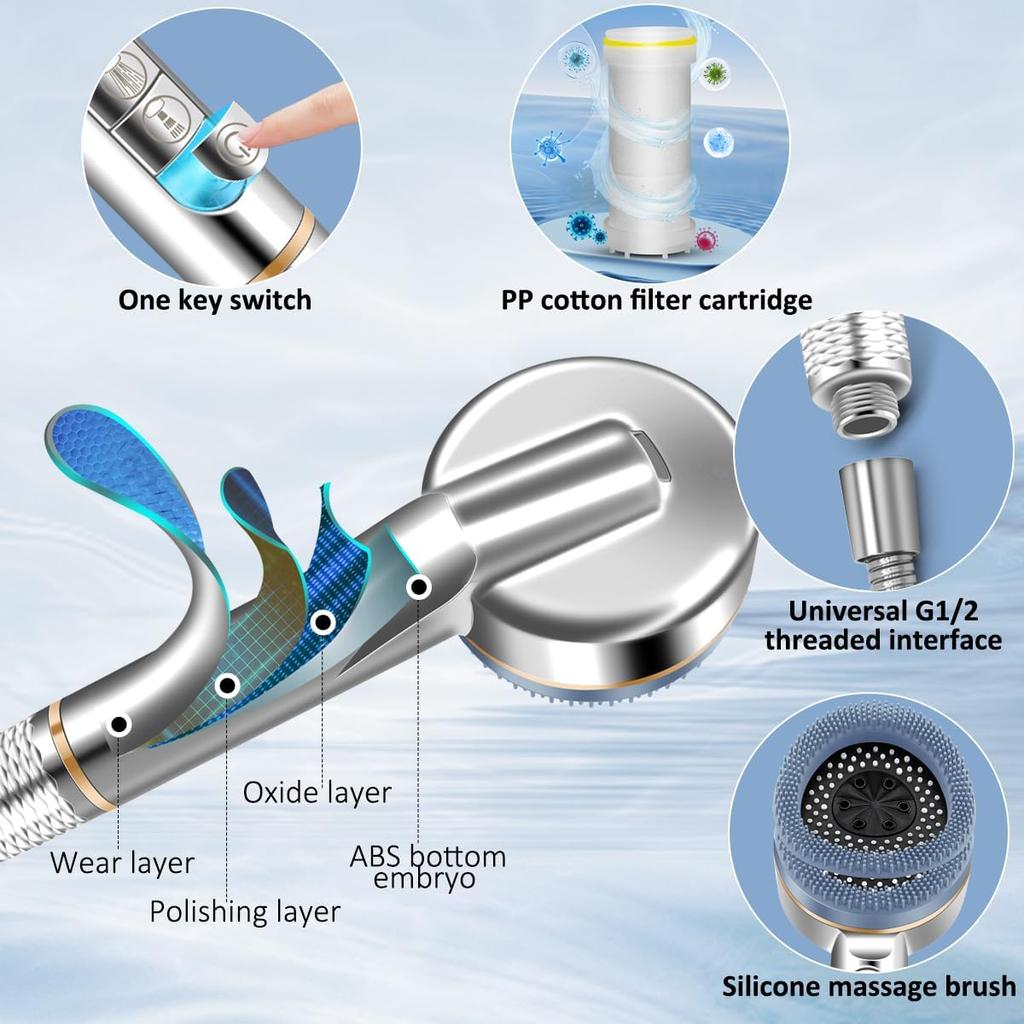 4 Modes Massage Brush Shower Head Large Flow High Pressure Water Saving Handheld Showerhead One-Key Stop Water Shower Nozzle