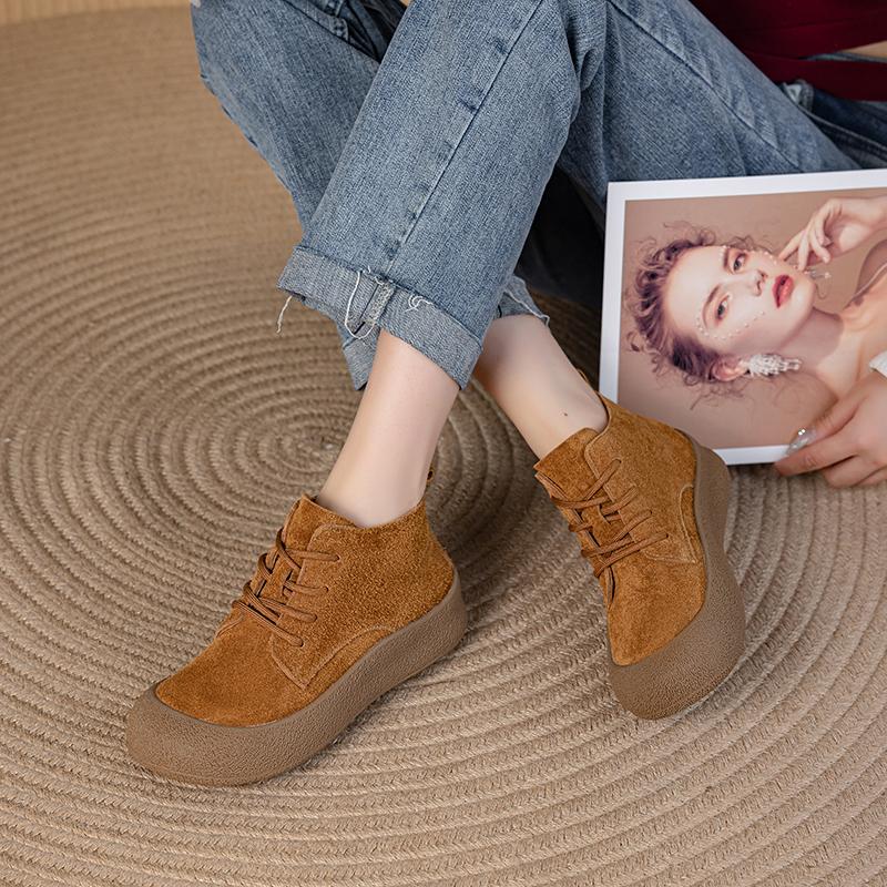 Mode Stiefeletten Damen Echtes Leder Runde Zehe Lässig Schnürstiefel Flach Winterstiefel Damen Rutschfest Große Größe Fell Kurze Stiefel Damen