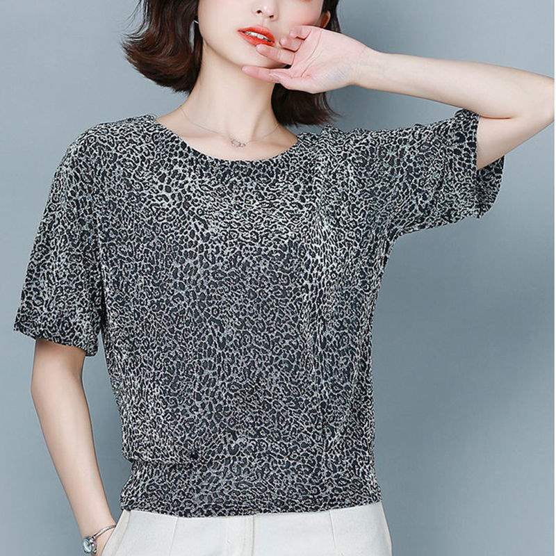 Bright silk T-shirt women's short-sleeved top summer new large size loose belly cover bright silk bottoming leopard print shirt