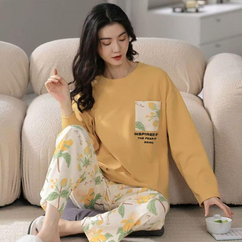Women's Casual Long Sleeve Pajama Set with Chest Pads, Spring/Fall/Winter, Plus Size, Loose Fit, Suitable for Outdoor Wear