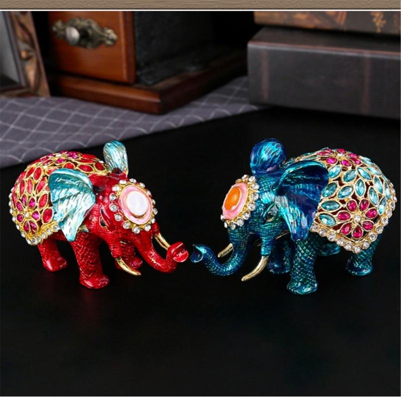 Decorative Elephant Jewelry Box with Enamel Finish and Crystal Detail for Ring, Earring and Dresser Storage Display