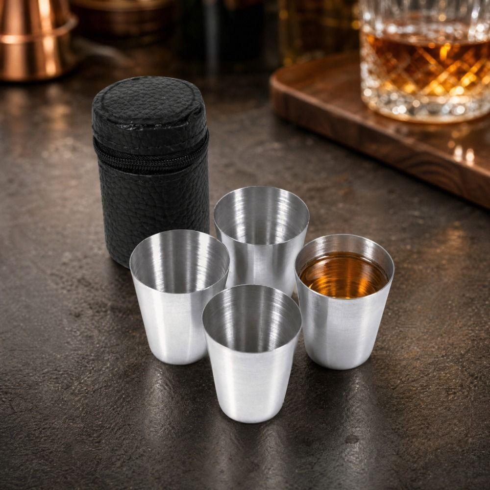 4pcs Stainless Steel Portable Tea Cup Black PU-Leather Case Whiskey Tumbler Cups  Travel Use