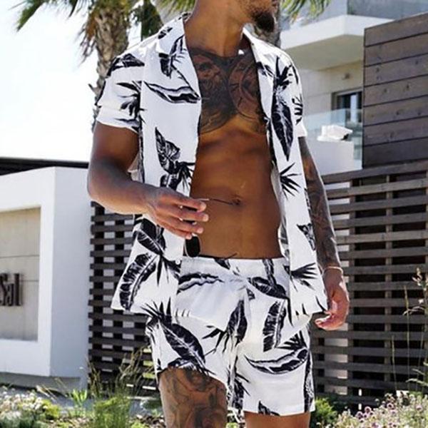 Herren Freizeitshirt mit Palmenblattdruck Hawaiianische Herren Outdoor-Badeshorts Sommer Alltags-Herren Kurzarmhemd und Shorts Set
