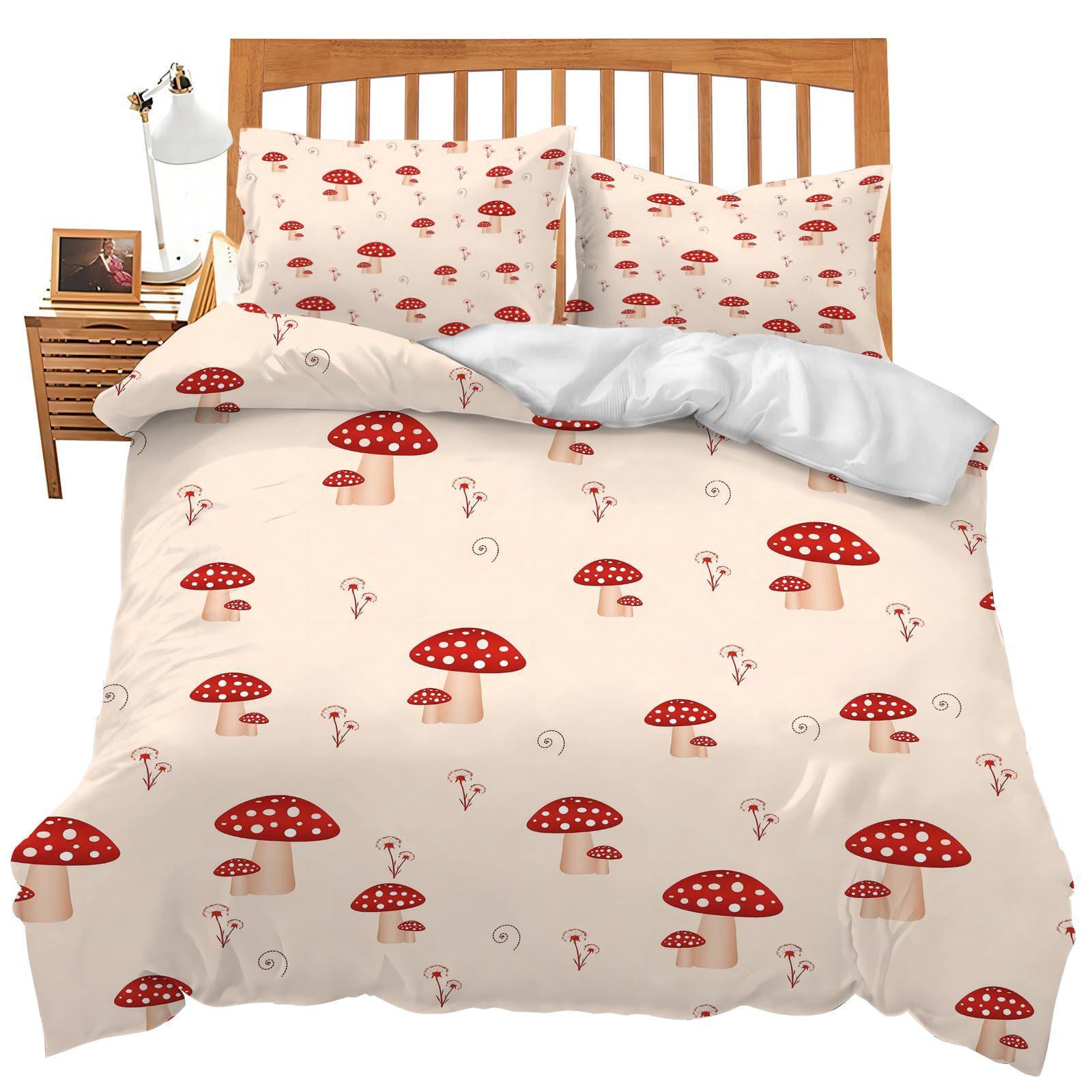 

Red Cartoon Mushroom Three-Piece Quilt Cover Digital Printing Bedding Set Bed Cover EU single 135*200