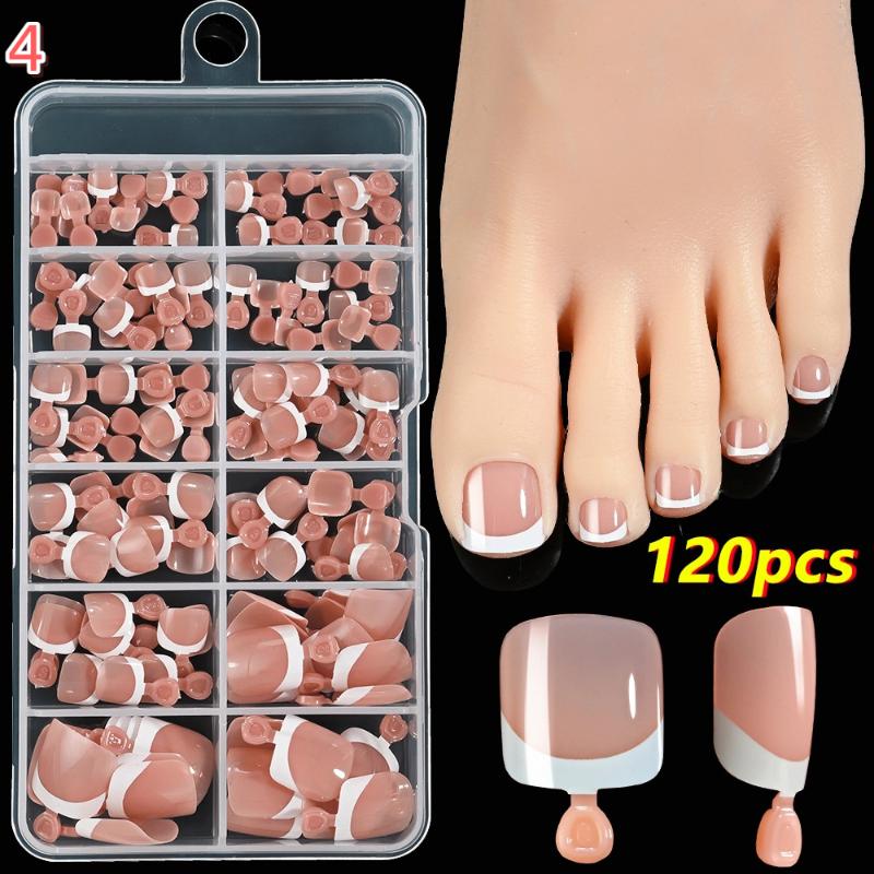 120Pcs French Short Square Artificial Press On Toenails Nude Pink Full Cover False Toe Nails Fake Toe Nail Extension For Women
