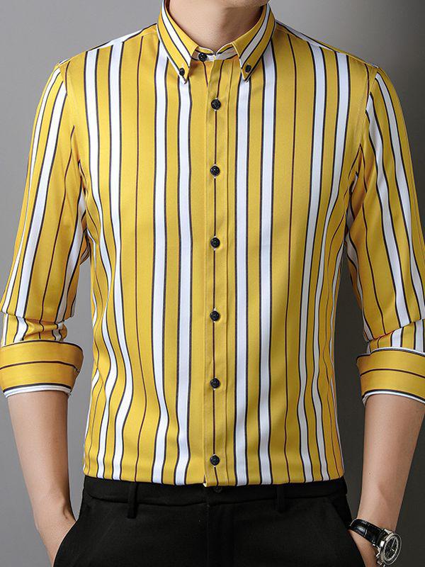 Men's 2618 Striped Stretch Wrinkle-Resistant Casual Long-Sleeve Shirt for All Seasons