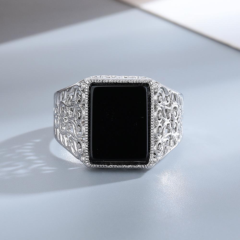 Luxury Black Agate Ring for Men Women CopperPlated Engraved Wide Band Fashion Party Jewelry Gift,Retro Engraved Pattern Band