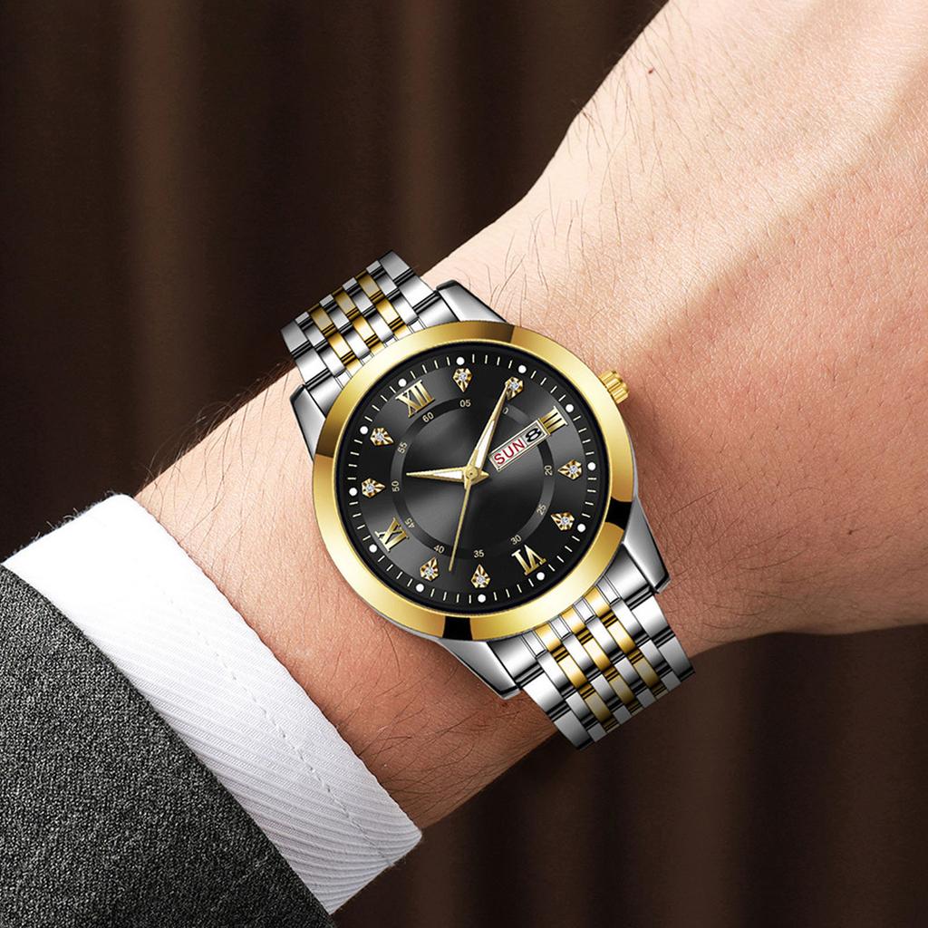 Men Quartz Business Watch with Date Luminous Stainless Steel Double Calendar Wristwatch Waterproof Lightweight Watch