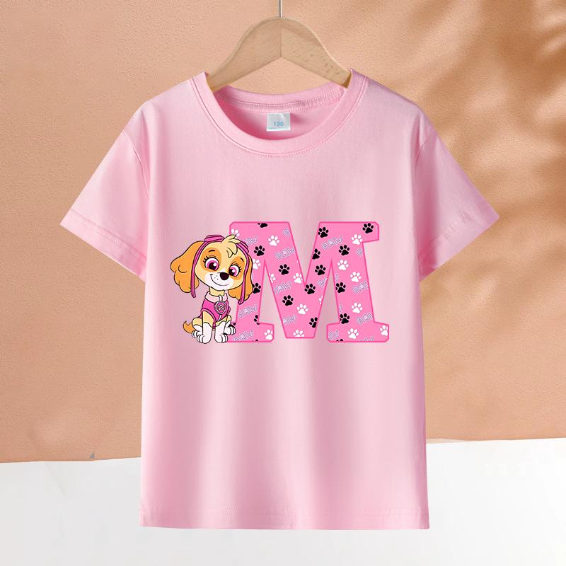 PAW Patrol Çocuk Pembe Kısa Kollu Tişört Kızlar Skye Polyester Üstler Çizgi Film 26 Harf Baskılı Sweatshirt Çocuk Doğum Günü Hediyeleri